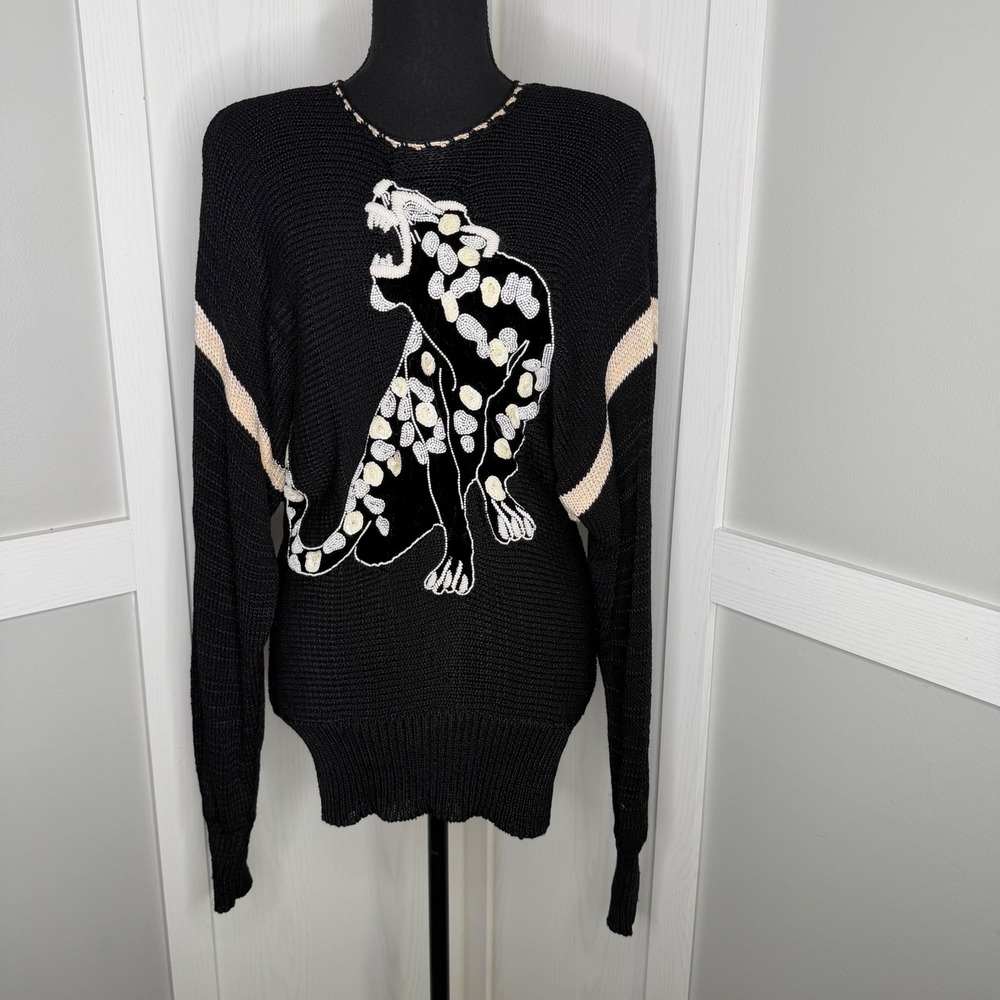 Vintage Mike Korwin Women XL Black Beaded Sequin White Panther